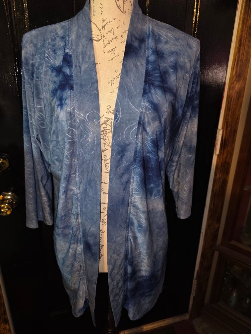 Shannon Ford New York Blue Tie-Dye Open Front Cardigan Jacket With Swirl Embroid